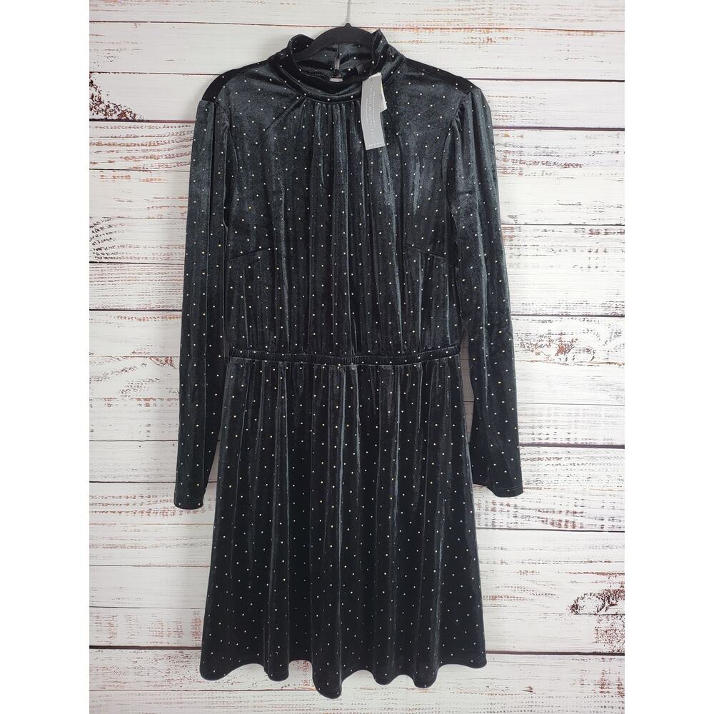 Lane Byrant Velvet Midi Dress 14/16 Womens Plus Size Black Gold Dots NWT